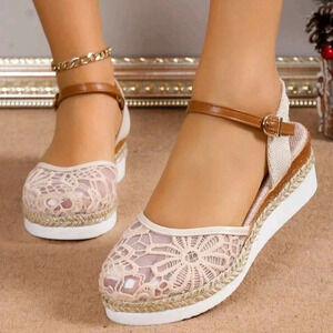 Women's Lace Breathable Mesh Bohemian Straw Woven Fairy Style Peep Toe Wedges